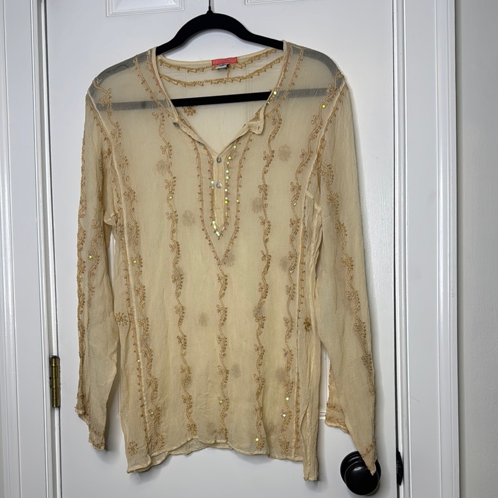 Glam Souls Vintage 100% Silk Cream Relaxed Embellished Tunic